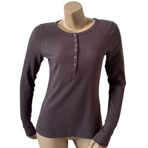 SO Brown Ribbed Snap Henley Top Womens Jr Medium Long Sleeve Stretch Knit Shirt